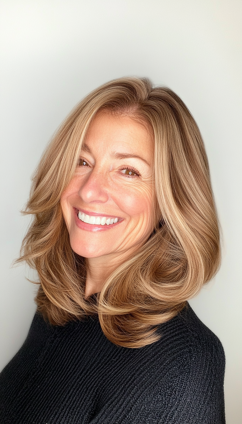 13. Classic Midi Cut with Warm Caramel (Medium Length Haircuts For Older Women) - Medium Length Haircuts For Older Women