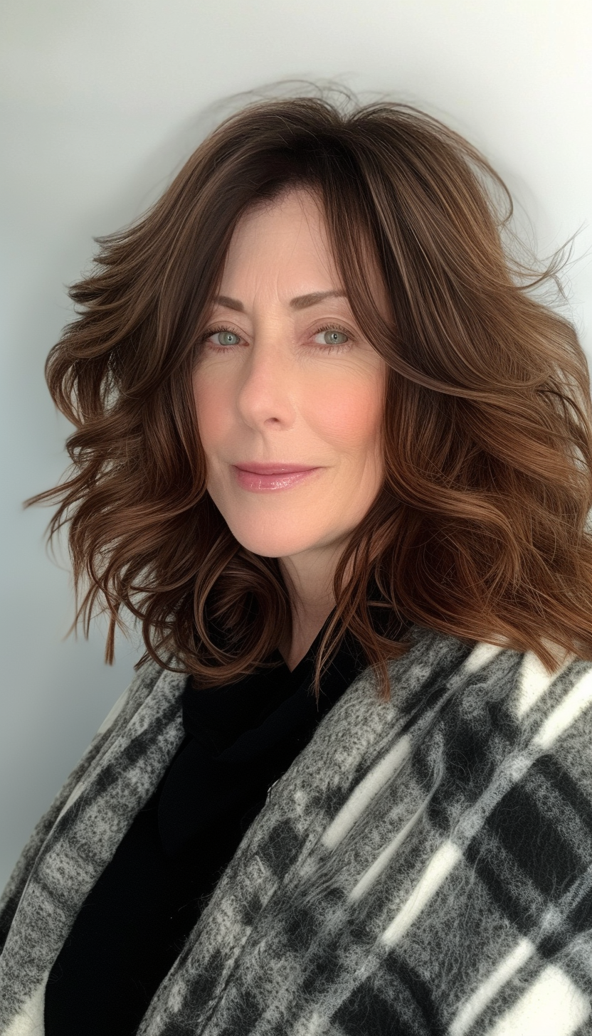 14. Collarbone-Length Tousled Cut with Dark Chestnut (Medium Length Haircuts For Older Women) - Medium Length Haircuts For Older Women