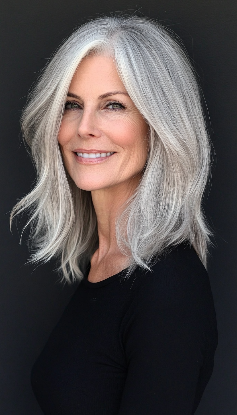 23. Softly Blended Midi Cut with Cool Silver Blonde (Medium Length Haircuts For Older Women) - Medium Length Haircuts For Older Women