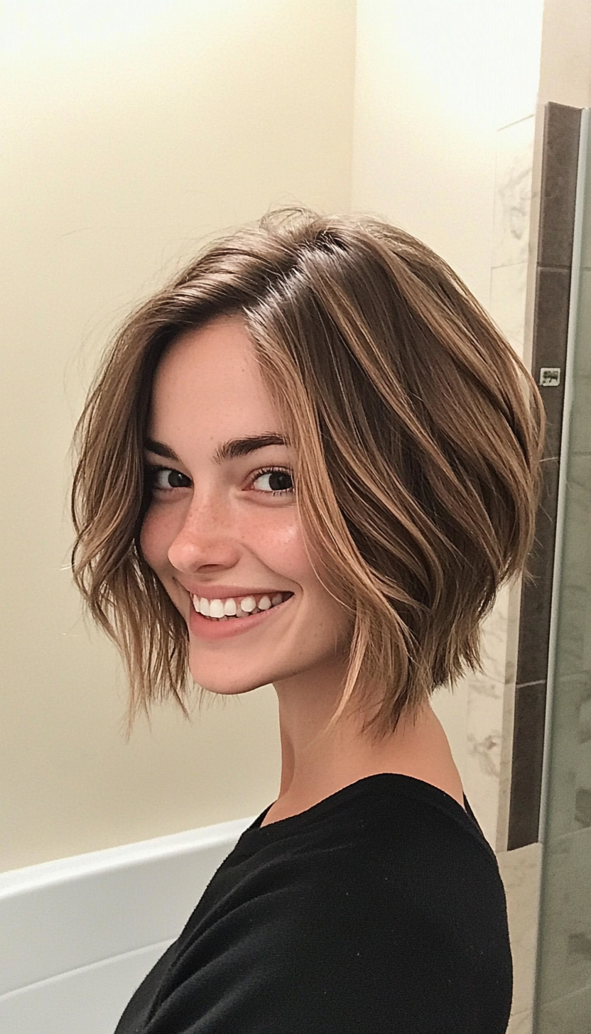 4. Choppy Bob with Light Ash Brown Highlights (Layered Hairstyles For Thin Hair) - Layered Hairstyles For Thin Hair