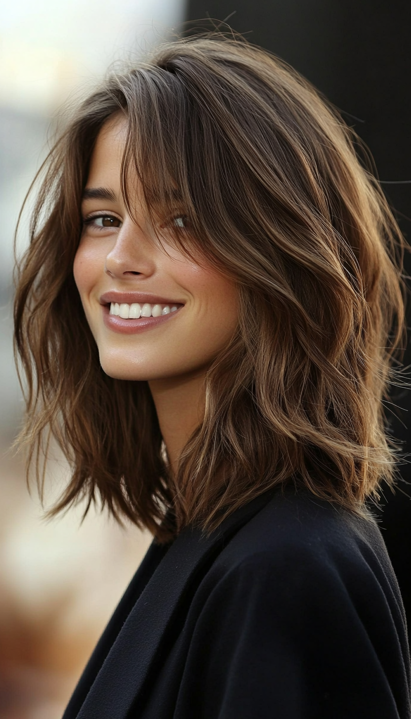21. Tousled Layered Lob in Warm Walnut Brown (Layered Hairstyles For Thin Hair) - Layered Hairstyles For Thin Hair