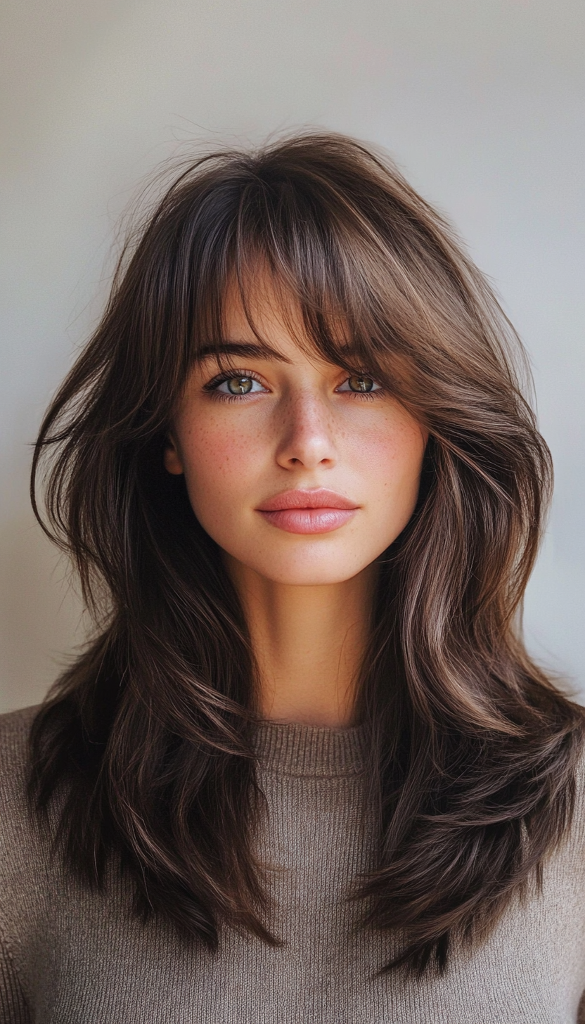 22. Curtain Bangs with Layered Ends in Deep Chestnut (Layered Hairstyles For Thin Hair) - Layered Hairstyles For Thin Hair