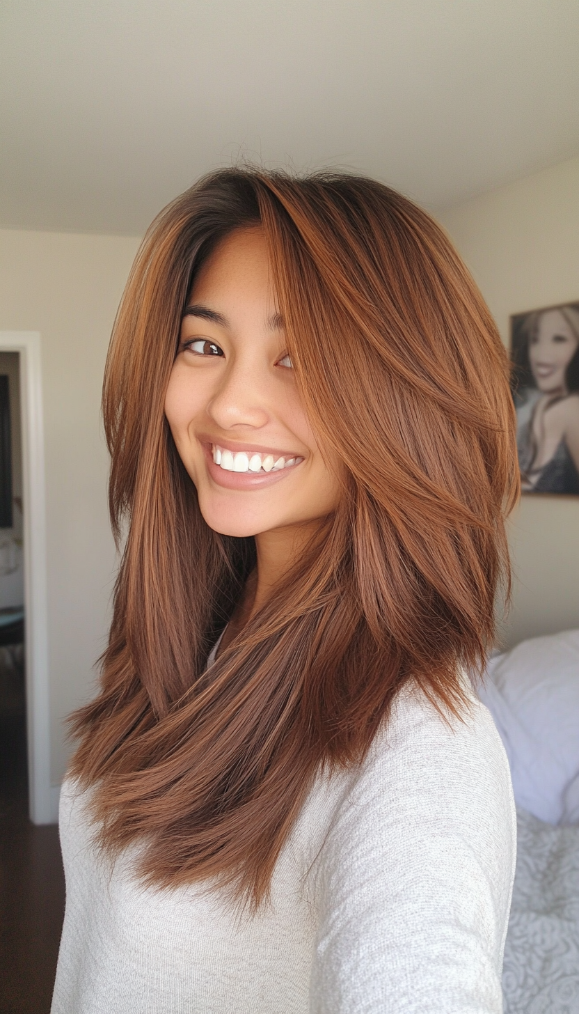 24. Shoulder-Length Choppy Layers in Caramel Brown (Layered Hairstyles For Thin Hair) - Layered Hairstyles For Thin Hair