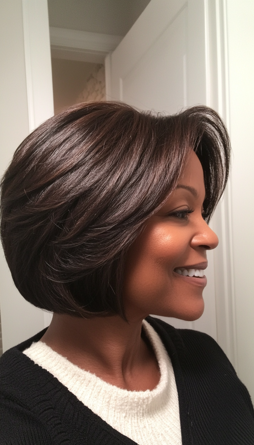3. Layered Bob in Dark Chestnut (Short Hairstyles For Black Women Over 50) - Short Hairstyles For Black Women Over 50