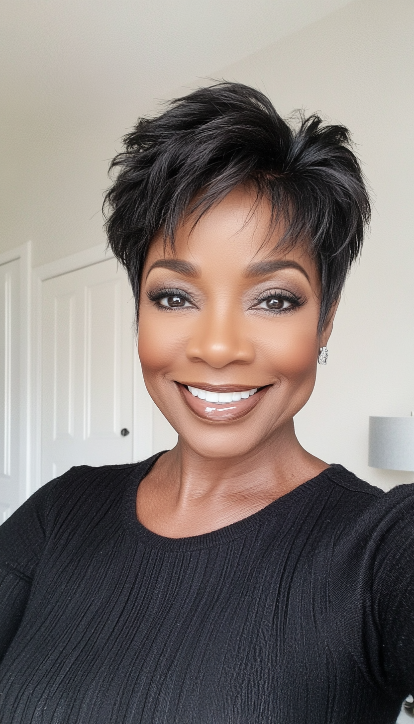 10. Feathered Pixie in Soft Ebony (Short Hairstyles For Black Women Over 50) - Short Hairstyles For Black Women Over 50