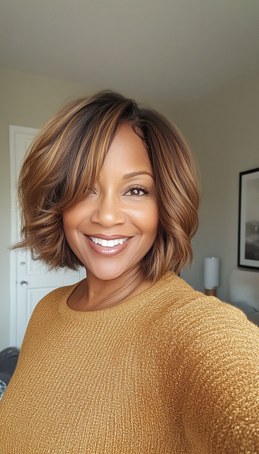 19. Tousled Bob in Golden Brown (Short Hairstyles For Black Women Over 50) - Short Hairstyles For Black Women Over 50