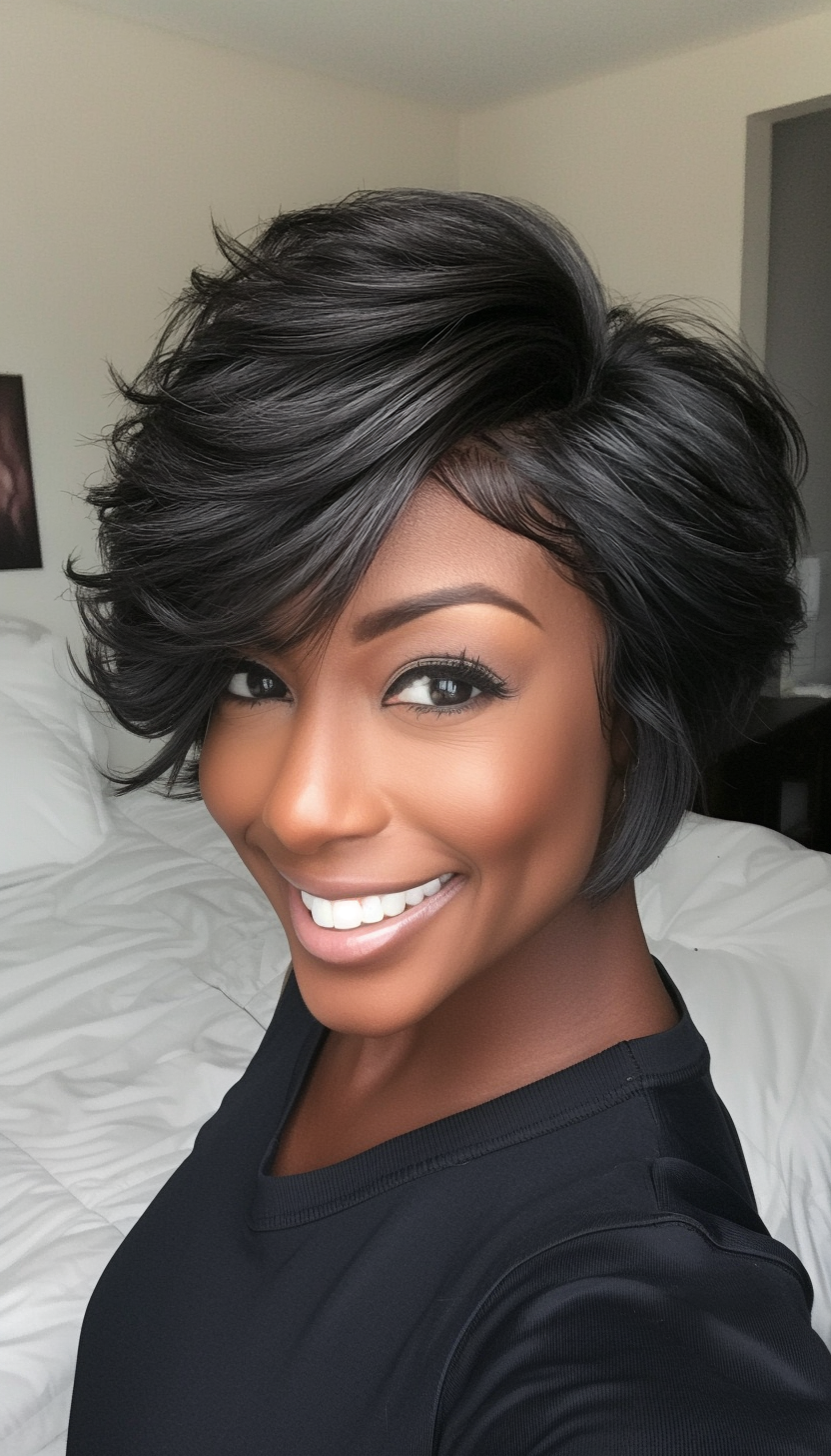 22. Stacked Layers in Dark Sable (Short Hairstyles For Black Women Over 50) - Short Hairstyles For Black Women Over 50