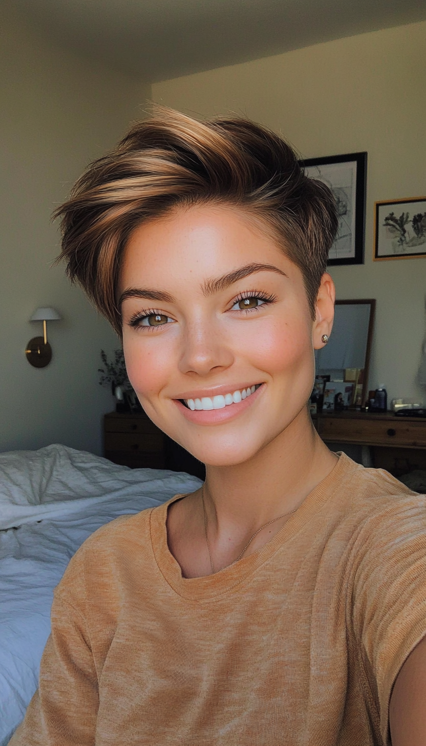 19. Longer Pixie with Golden Brunette (Pixie Haircuts) - Pixie Haircuts