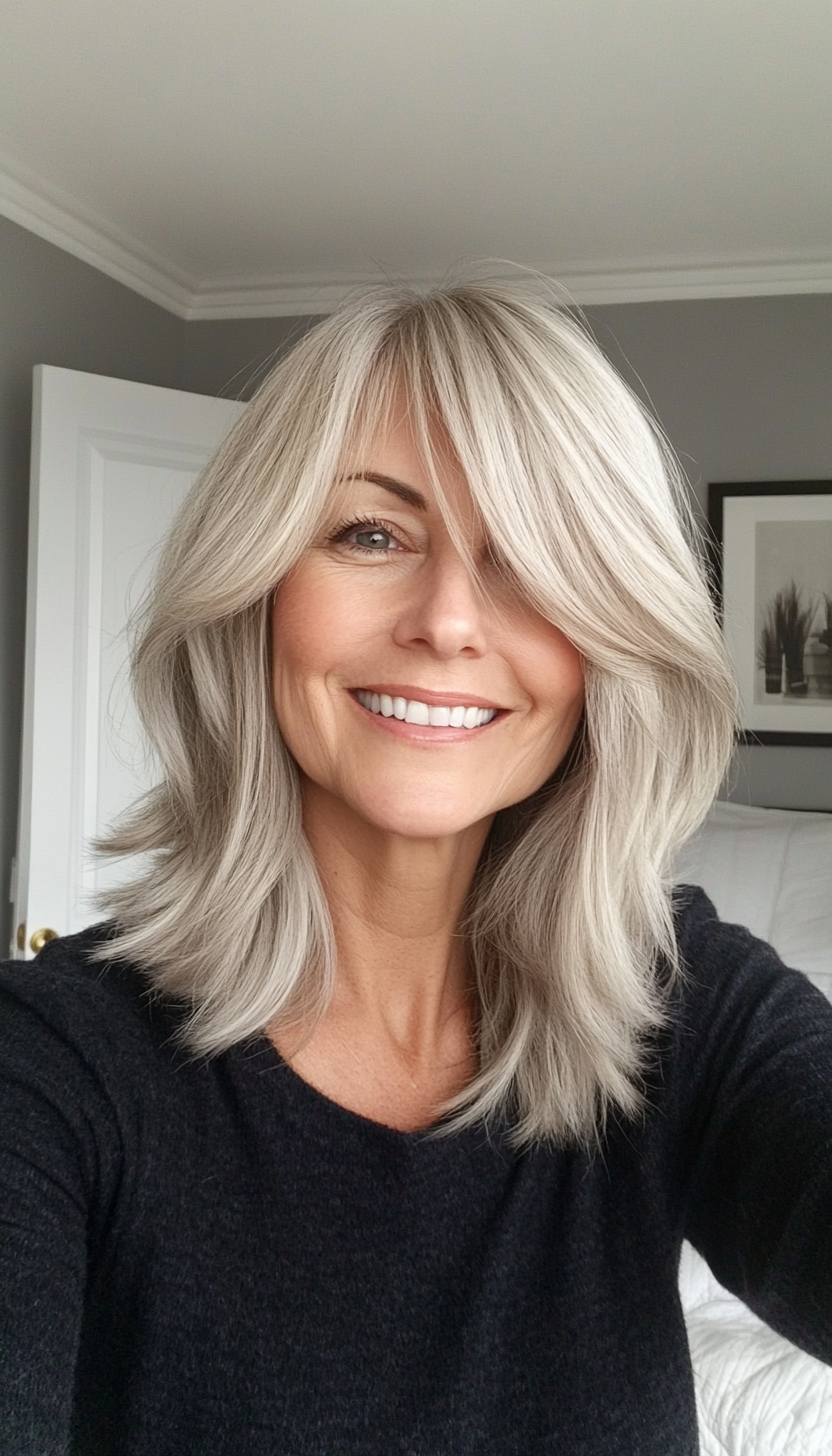 3. Textured Lob with Side Bangs in Ash Blonde (Shoulder Length Hairstyles For Older Women) - Shoulder Length Hairstyles For Older Women