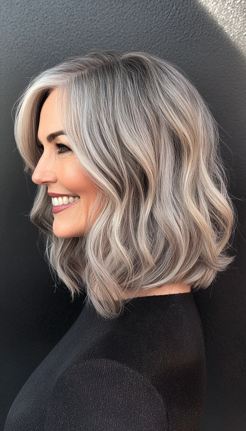 5. Elegant Wavy Lob in Salt-and-Pepper Gray (Shoulder Length Hairstyles For Older Women) - Shoulder Length Hairstyles For Older Women