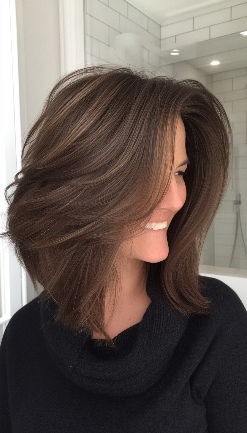 6. Subtle Feathered Cut in Deep Espresso Brown (Shoulder Length Hairstyles For Older Women) - Shoulder Length Hairstyles For Older Women