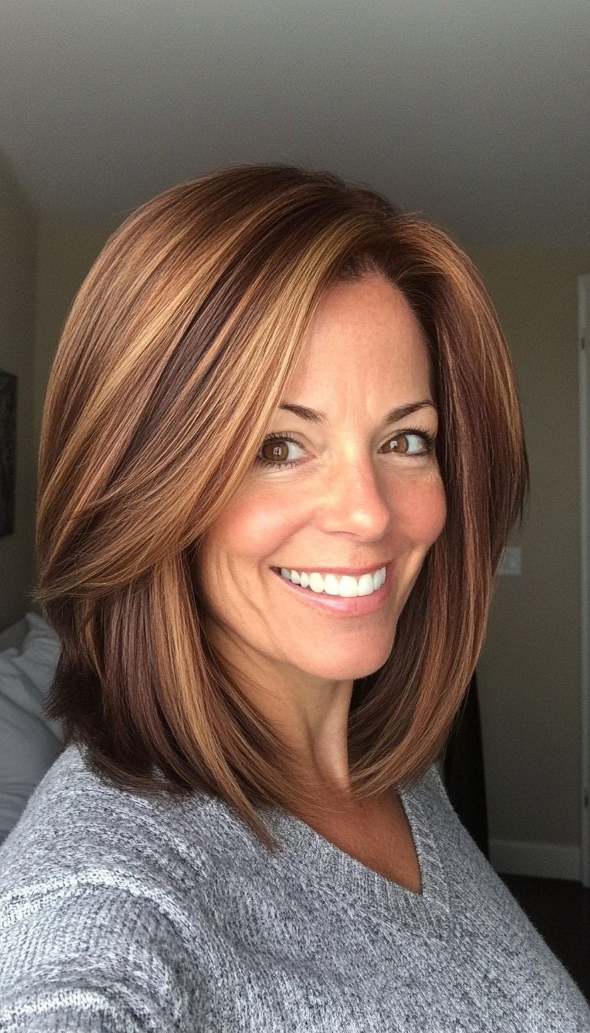 7. Angled Shoulder-Length Cut in Caramel Brunette (Shoulder Length Hairstyles For Older Women) - Shoulder Length Hairstyles For Older Women