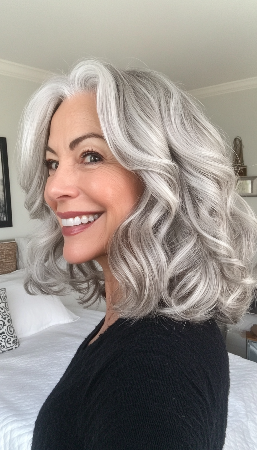 8. Soft Curled Lob in Natural Silver (Shoulder Length Hairstyles For Older Women) - Shoulder Length Hairstyles For Older Women