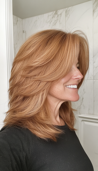 9. Shaggy Layers with Curtain Bangs in Light Auburn (Shoulder Length Hairstyles For Older Women) - Shoulder Length Hairstyles For Older Women