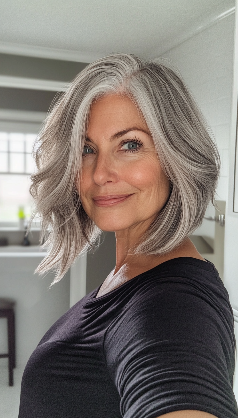 14. Tapered Layered Lob in Smoky Gray (Shoulder Length Hairstyles For Older Women) - Shoulder Length Hairstyles For Older Women