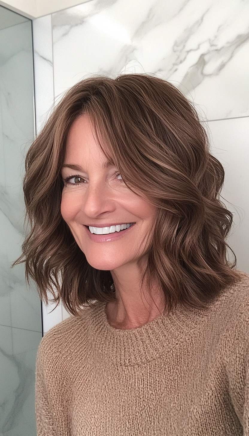 15. Effortless Beach Waves in Warm Brunette (Shoulder Length Hairstyles For Older Women) - Shoulder Length Hairstyles For Older Women