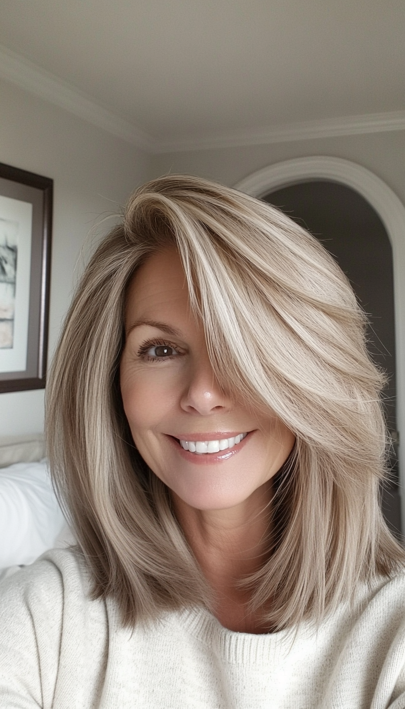 16. Choppy Layers with Side Part in Sandy Blonde (Shoulder Length Hairstyles For Older Women) - Shoulder Length Hairstyles For Older Women