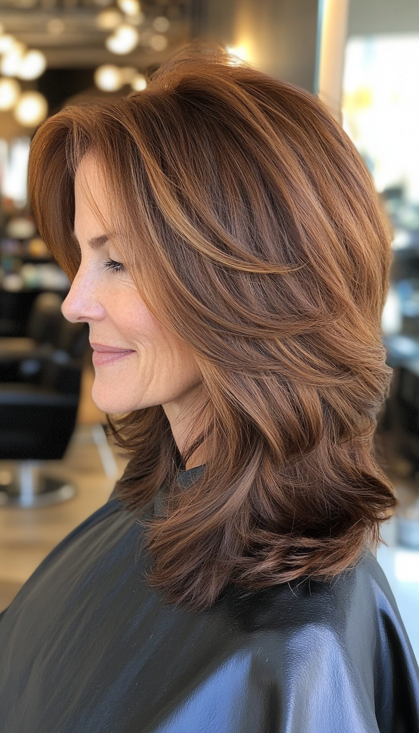 17. Flipped-Out Layers in Rich Chestnut Brown (Shoulder Length Hairstyles For Older Women) - Shoulder Length Hairstyles For Older Women