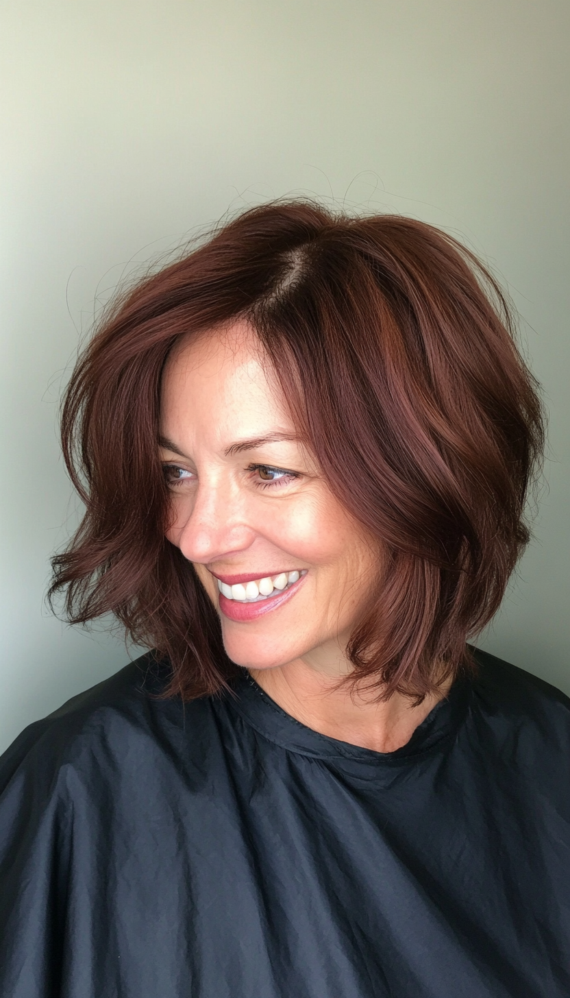 18. Classic Blunt Cut in Deep Burgundy Brown (Shoulder Length Hairstyles For Older Women) - Shoulder Length Hairstyles For Older Women