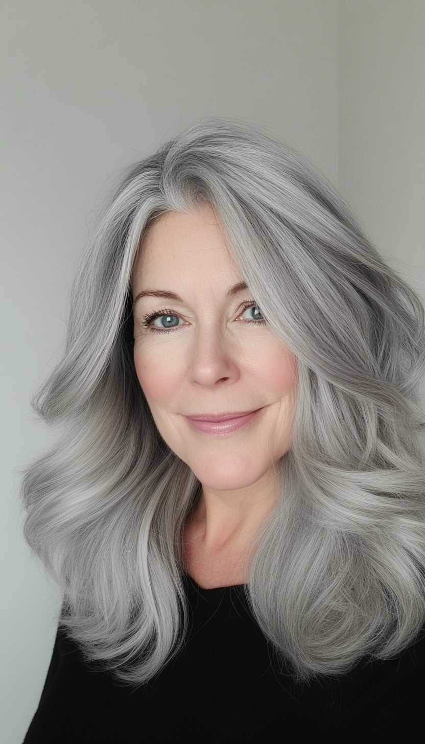 19. Tousled Shoulder-Length Waves in Soft Ash Gray (Shoulder Length Hairstyles For Older Women) - Shoulder Length Hairstyles For Older Women