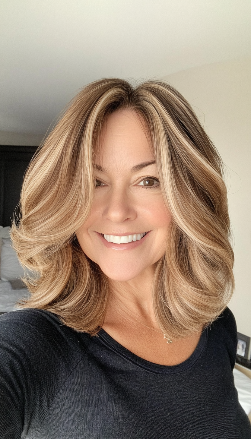 20. Rounded Lob with Feathered Ends in Golden Honey Brunette (Shoulder Length Hairstyles For Older Women) - Shoulder Length Hairstyles For Older Women