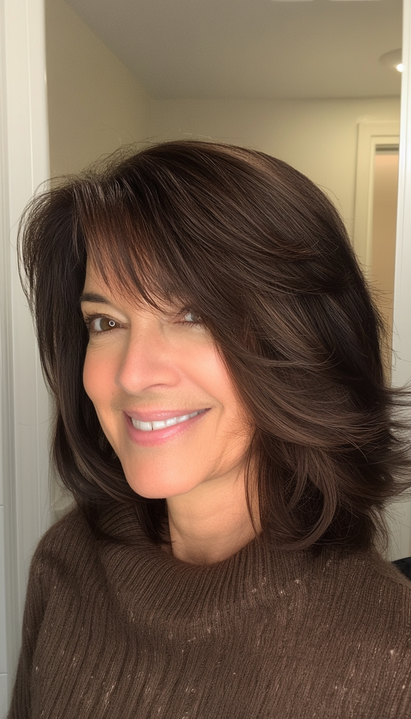 21. Layered Cut with Side-Swept Fringe in Cool Dark Brown (Shoulder Length Hairstyles For Older Women) - Shoulder Length Hairstyles For Older Women