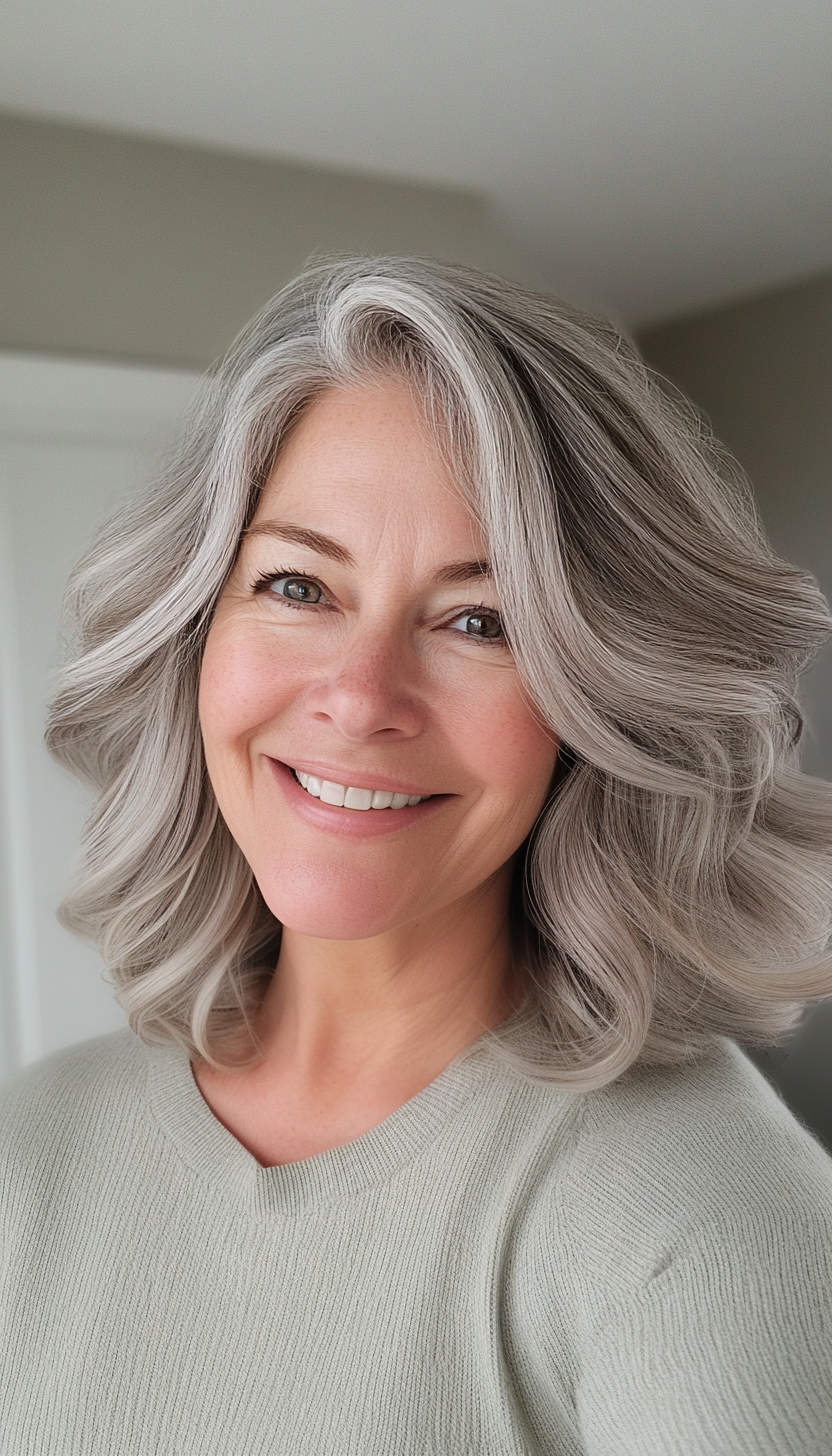 24. Shoulder-Length Cut with Defined Curls in Classic Salt-and-Pepper (Shoulder Length Hairstyles For Older Women) - Shoulder Length Hairstyles For Older Women