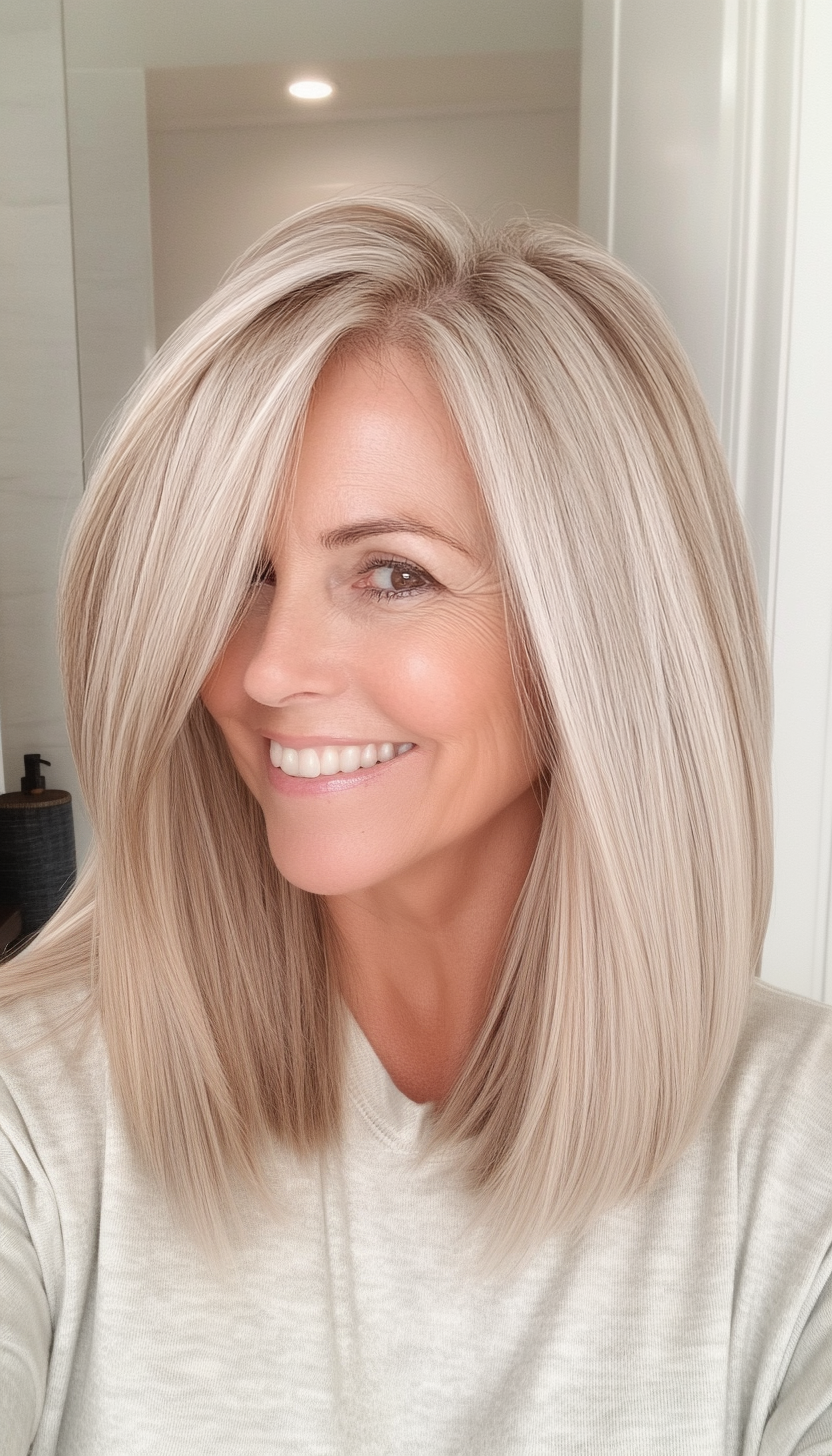 25. Polished Shoulder-Length Blowout in Neutral Beige Blonde (Shoulder Length Hairstyles For Older Women) - Shoulder Length Hairstyles For Older Women