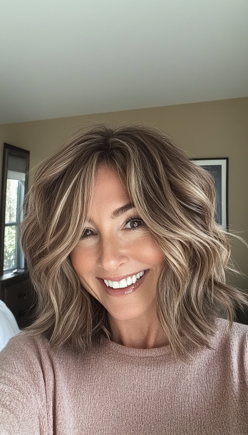 26. Messy Textured Lob in Mocha Brown (Shoulder Length Hairstyles For Older Women) - Shoulder Length Hairstyles For Older Women