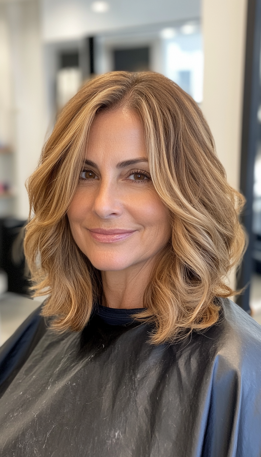 27. Side-Parted Shoulder-Length Waves in Dark Honey Blonde (Shoulder Length Hairstyles For Older Women) - Shoulder Length Hairstyles For Older Women