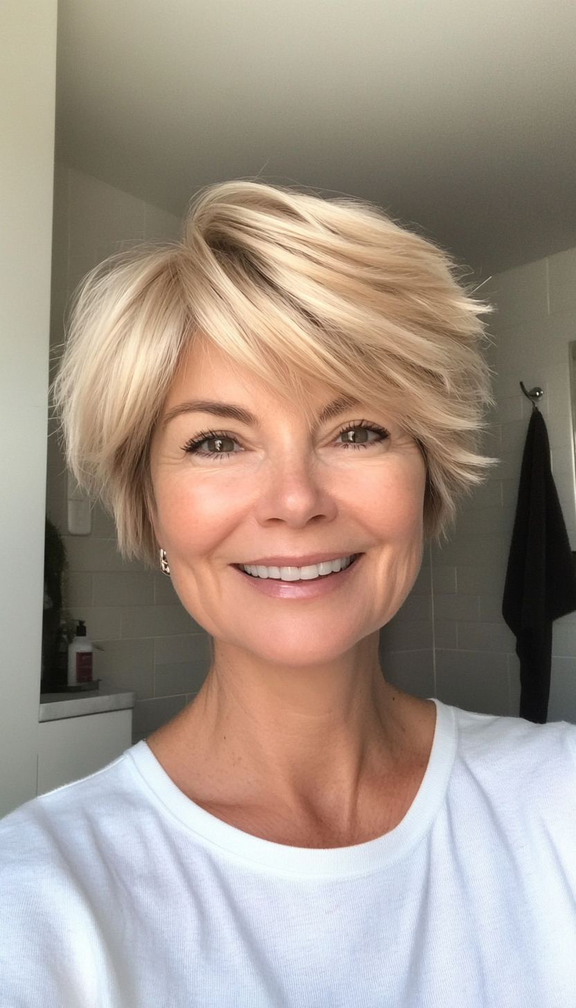 1. Soft Layered Pixie in Warm Blonde (Short Hairstyles For Women Over 50 With Fine Hair) - Short Hairstyles For Women Over 50 With Fine Hair