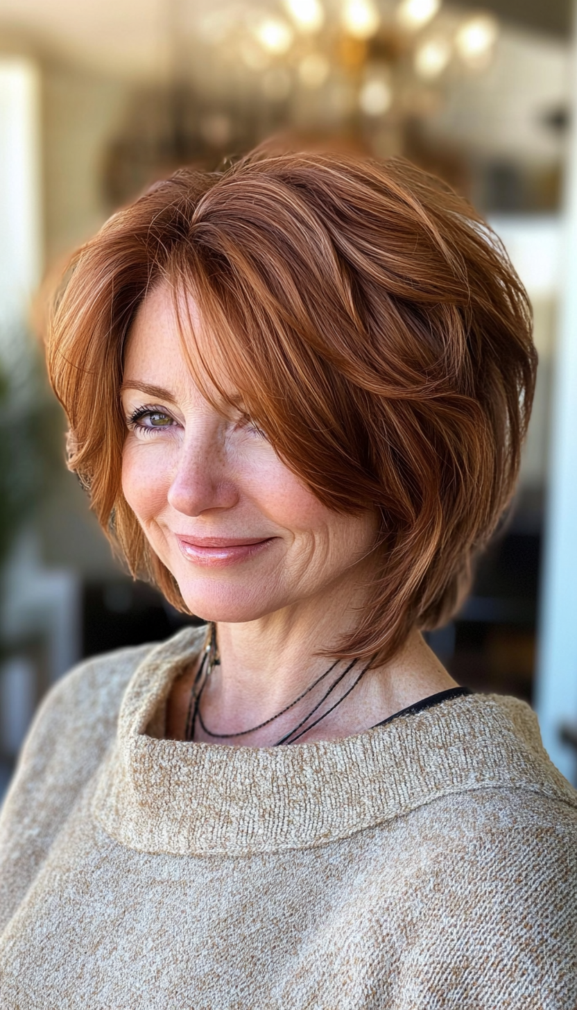 4. Feathered Bob with Subtle Auburn Tones (Short Hairstyles For Women Over 50 With Fine Hair) - Short Hairstyles For Women Over 50 With Fine Hair