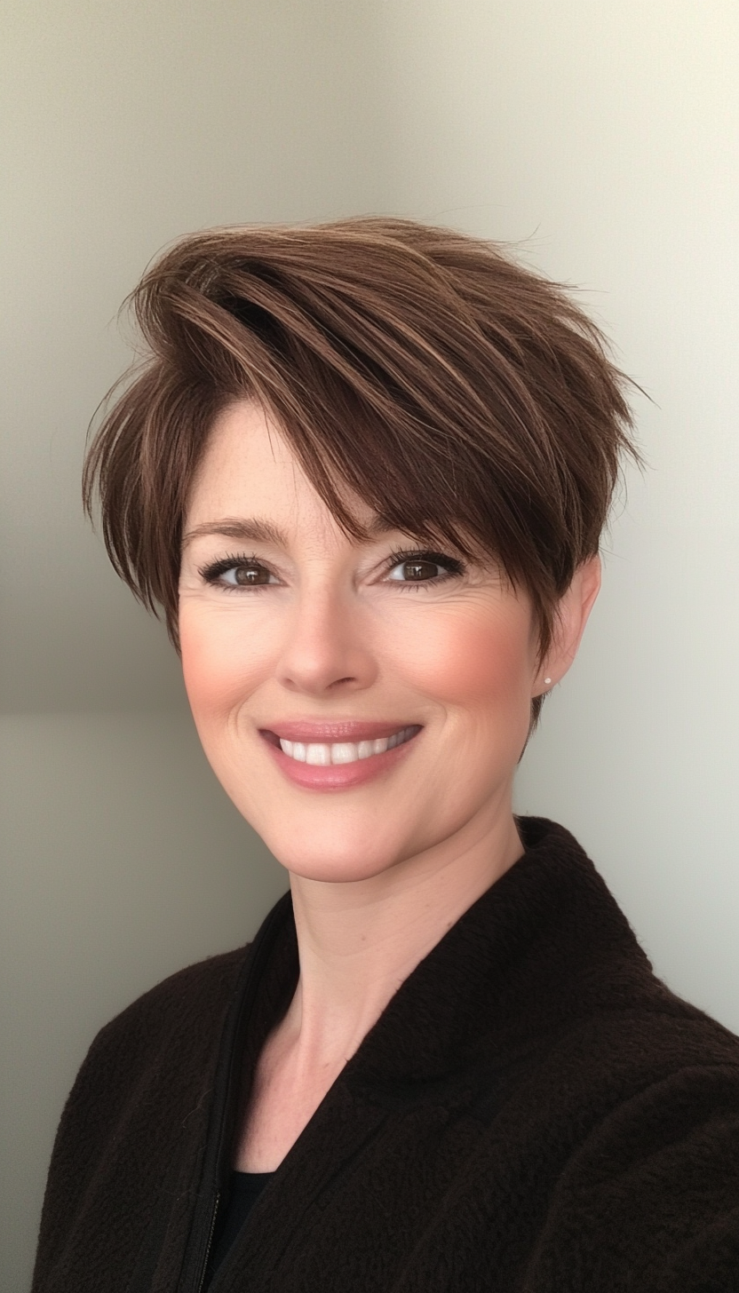 5. Asymmetrical Pixie in Deep Brunette (Short Hairstyles For Women Over 50 With Fine Hair) - Short Hairstyles For Women Over 50 With Fine Hair