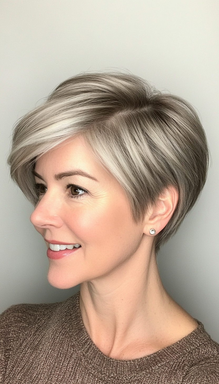 9. Pixie with Side-Swept Bangs in Salt-and-Pepper (Short Hairstyles For Women Over 50 With Fine Hair) - Short Hairstyles For Women Over 50 With Fine Hair