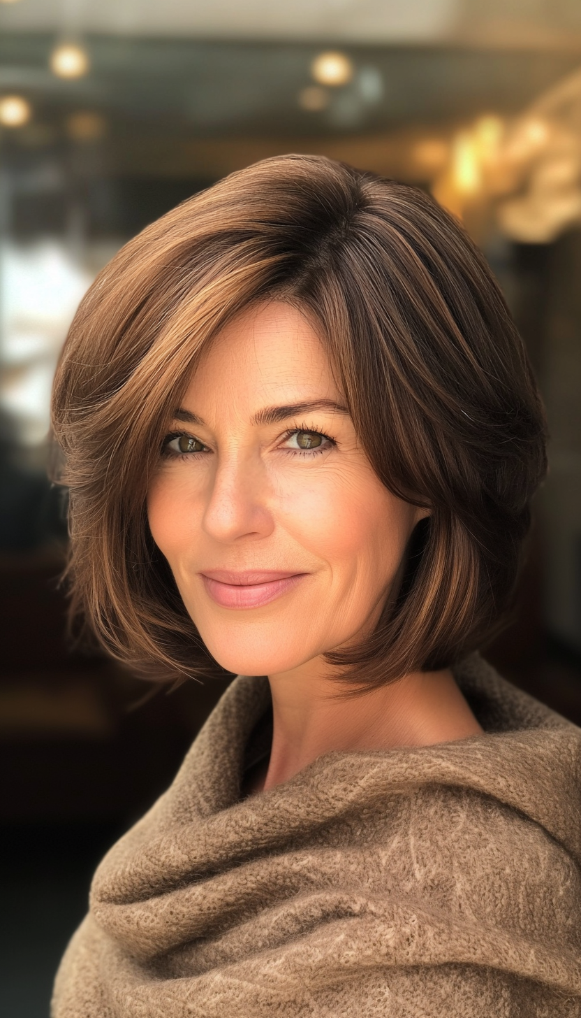 10. Layered Chin-Length Bob in Chestnut Brown (Short Hairstyles For Women Over 50 With Fine Hair) - Short Hairstyles For Women Over 50 With Fine Hair