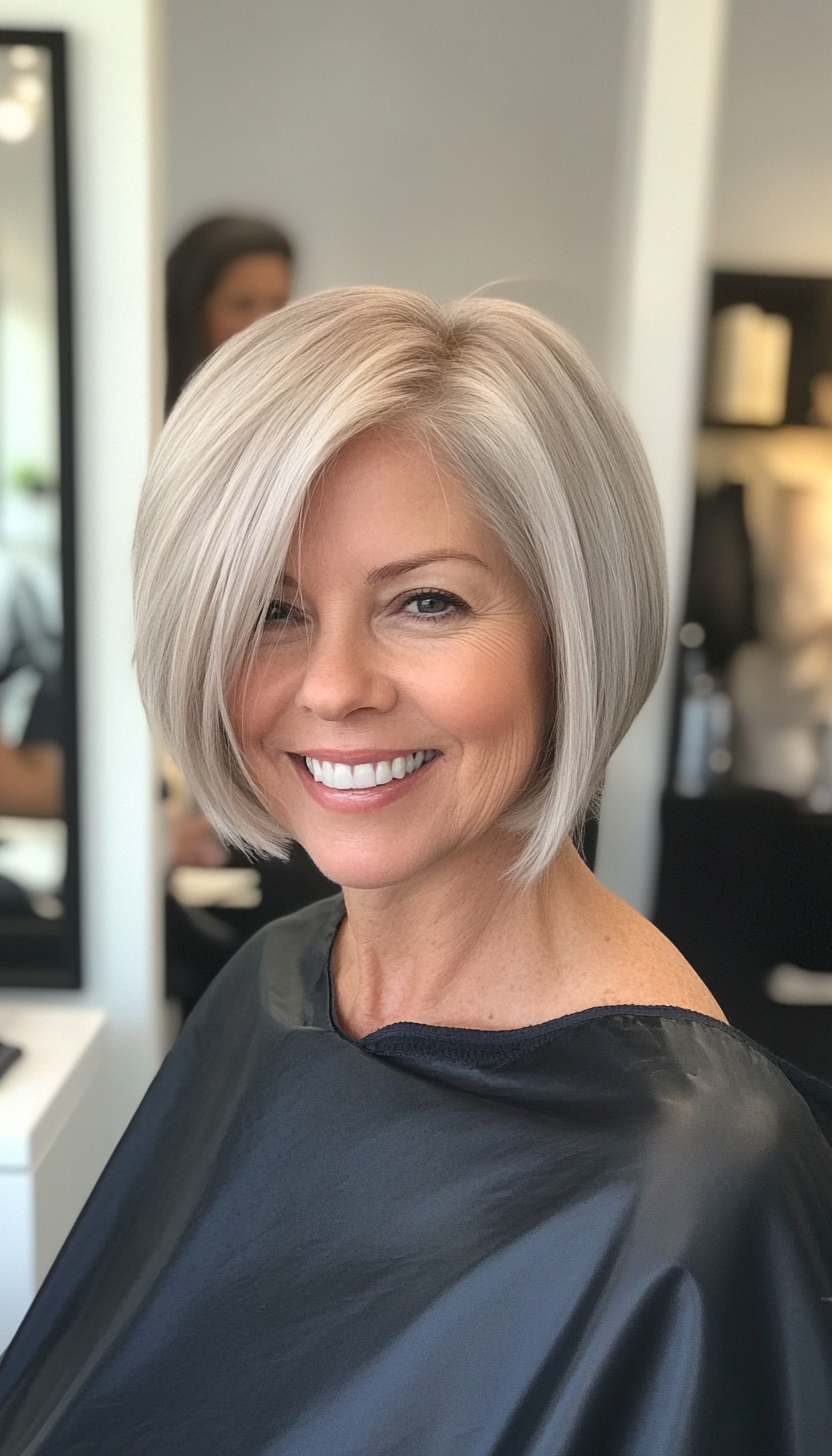 15. Side-Parted Short Bob in Light Gray (Short Hairstyles For Women Over 50 With Fine Hair) - Short Hairstyles For Women Over 50 With Fine Hair