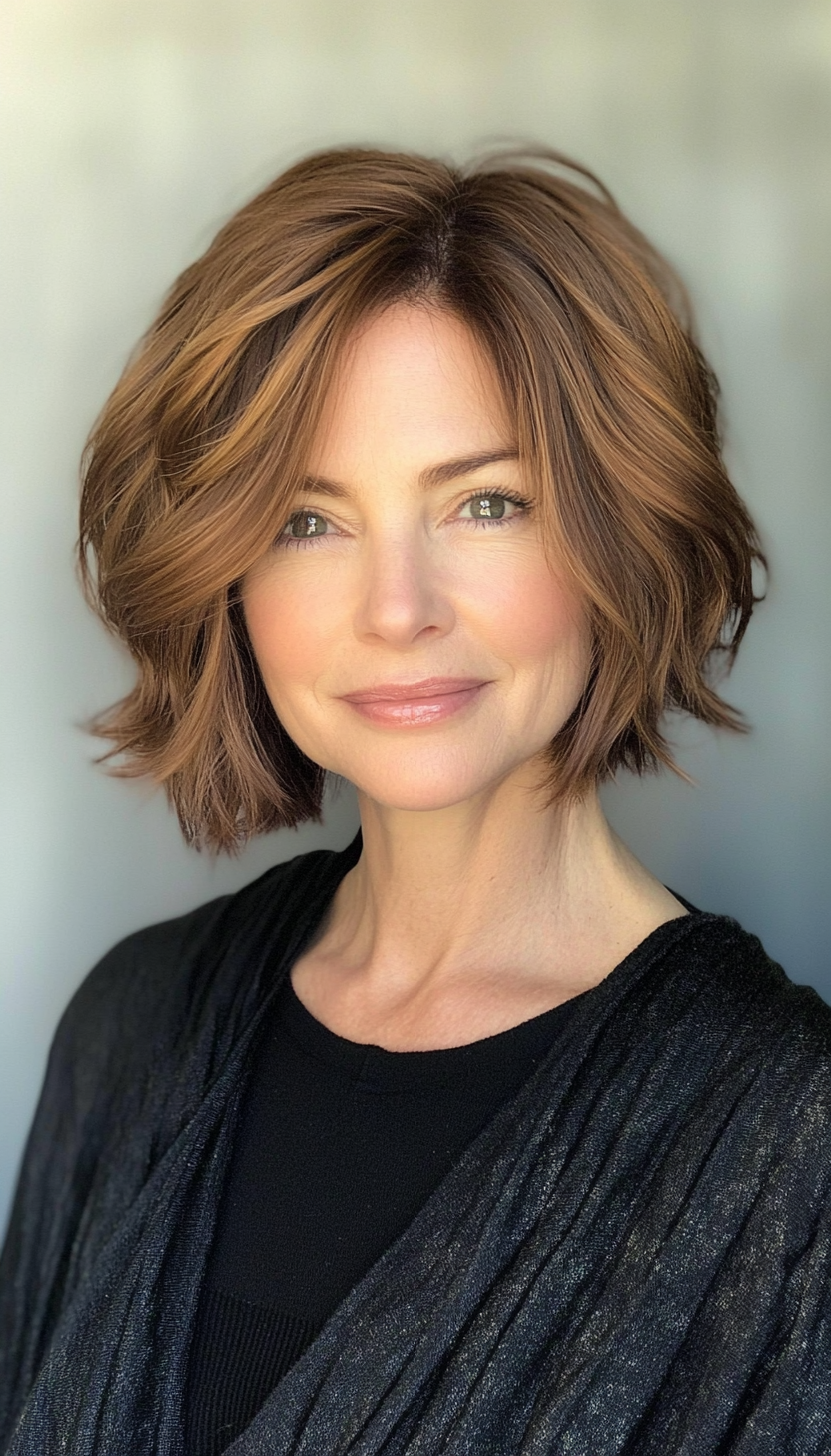 20. Wavy Short Bob in Light Chestnut (Short Hairstyles For Women Over 50 With Fine Hair) - Short Hairstyles For Women Over 50 With Fine Hair