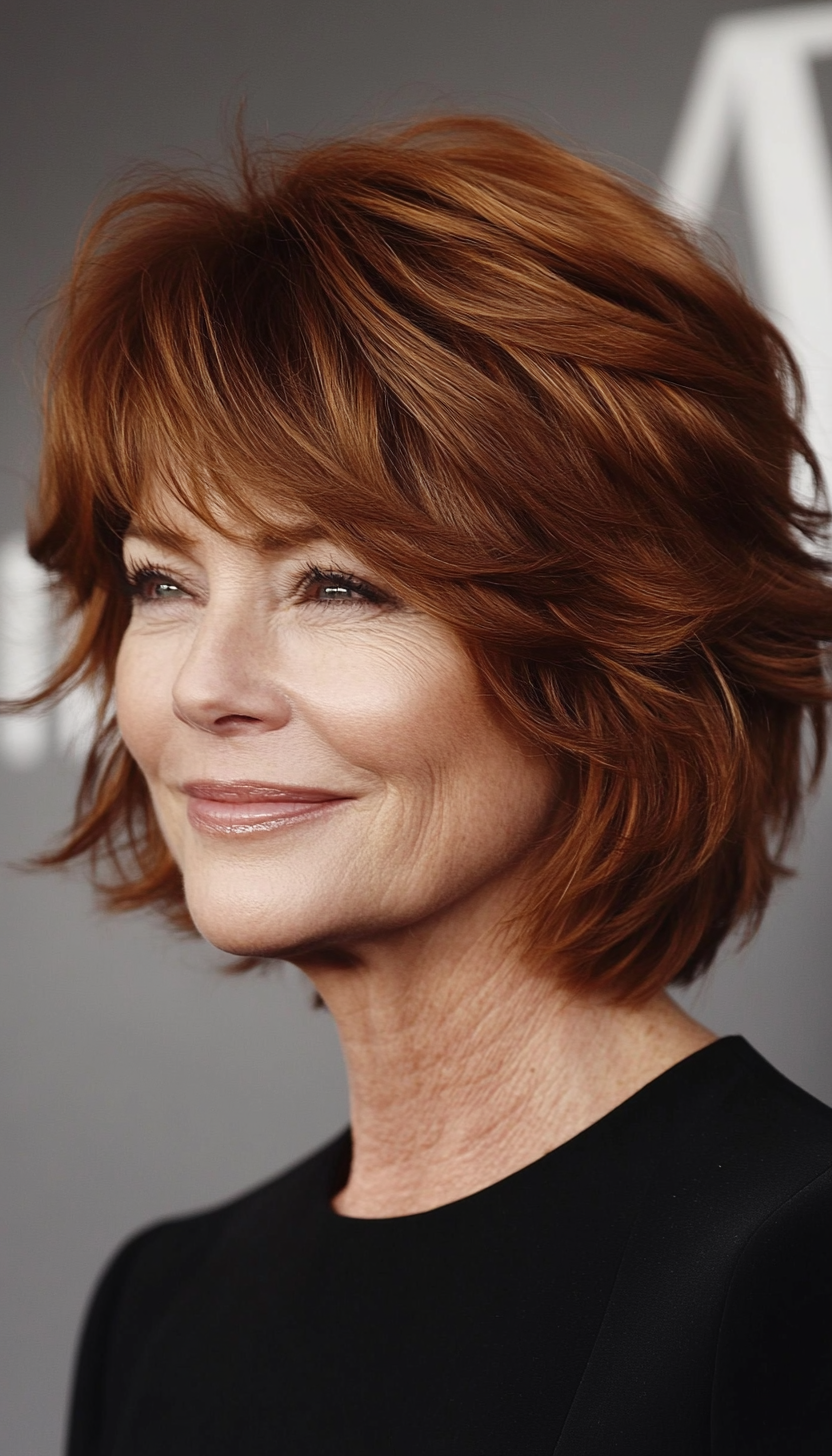 22. Fluffy Layered Cut in Dark Copper (Short Hairstyles For Women Over 50 With Fine Hair) - Short Hairstyles For Women Over 50 With Fine Hair