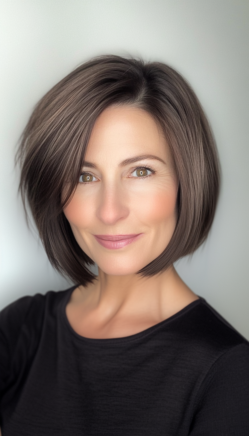 23. Polished Short Bob in Rich Espresso (Short Hairstyles For Women Over 50 With Fine Hair) - Short Hairstyles For Women Over 50 With Fine Hair