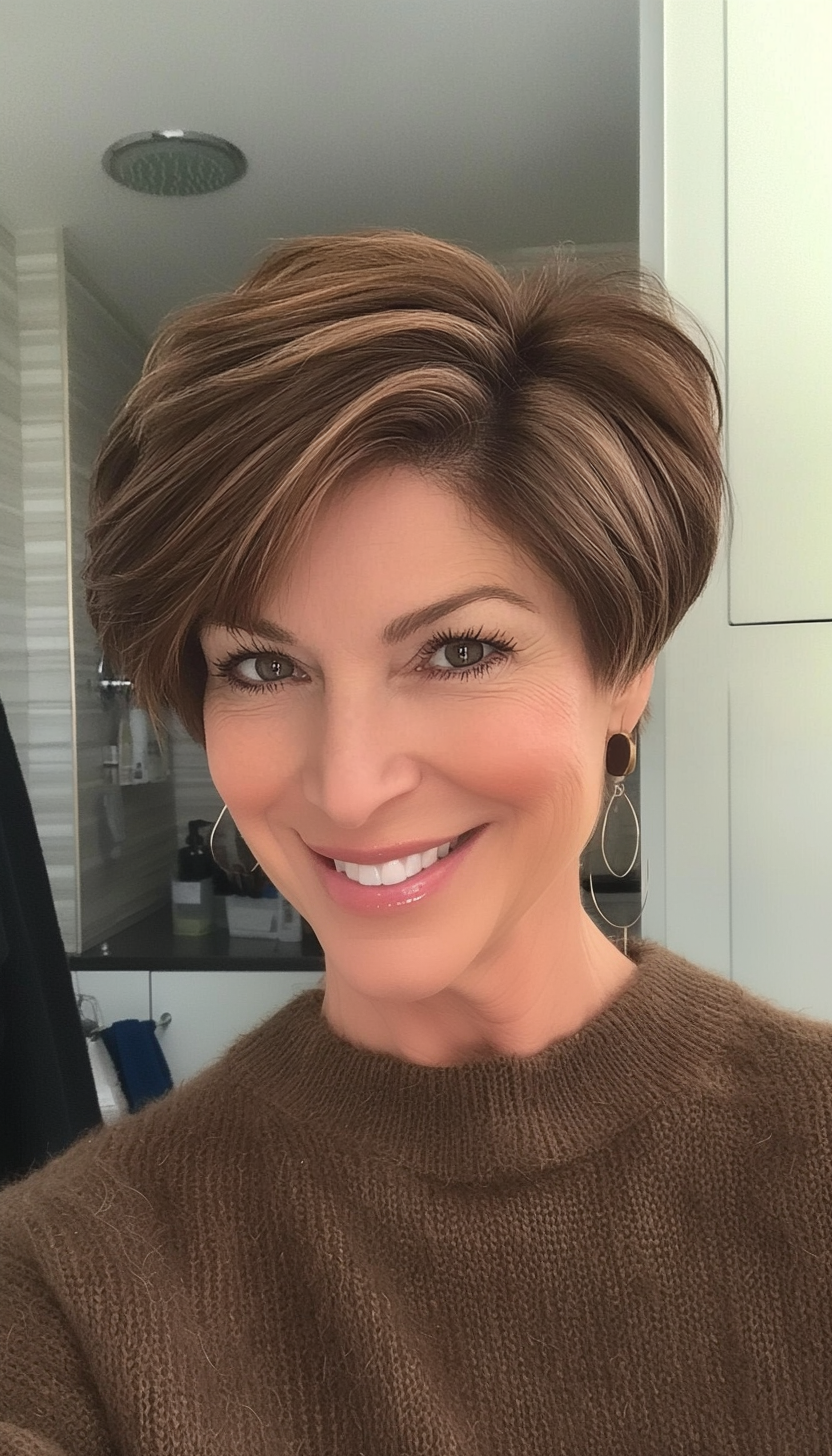 24. Swoopy Layered Cut in Warm Mocha (Short Hairstyles For Women Over 50 With Fine Hair) - Short Hairstyles For Women Over 50 With Fine Hair