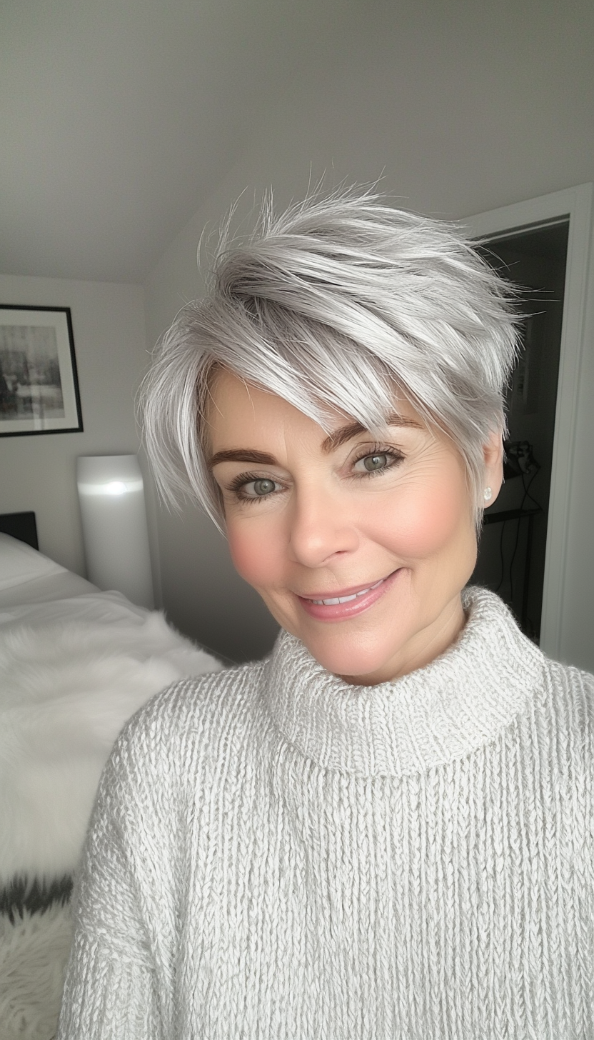 26. Short Feathered Pixie in Soft Silver (Short Hairstyles For Women Over 50 With Fine Hair) - Short Hairstyles For Women Over 50 With Fine Hair