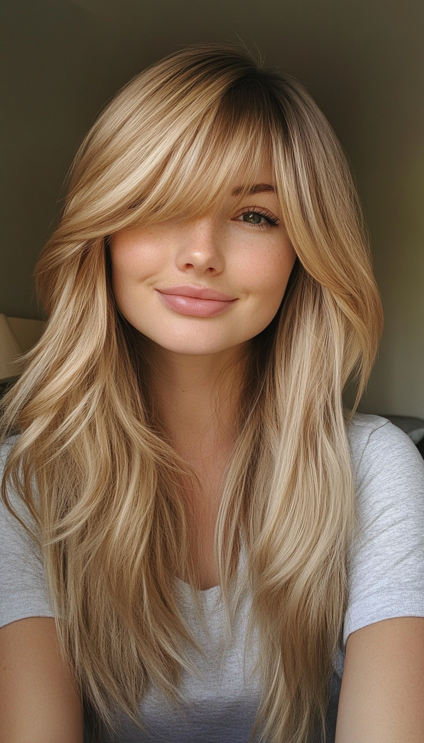 5. Honey Blonde Side-Swept Layers (Hairstyles With Bangs) - Hairstyles With Bangs