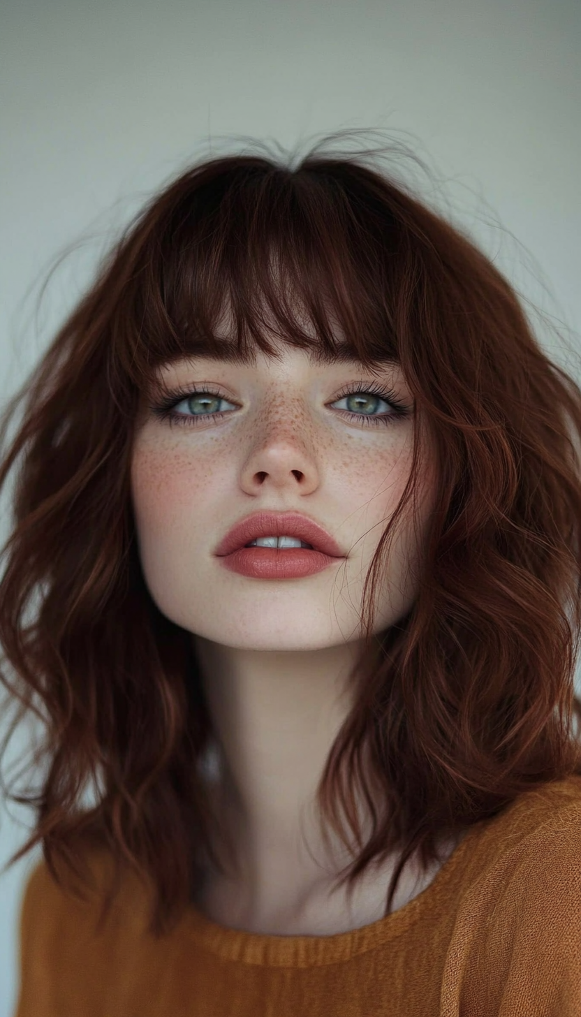 7. Mahogany Wavy Lob with Wispy Bangs (Hairstyles With Bangs) - Hairstyles With Bangs