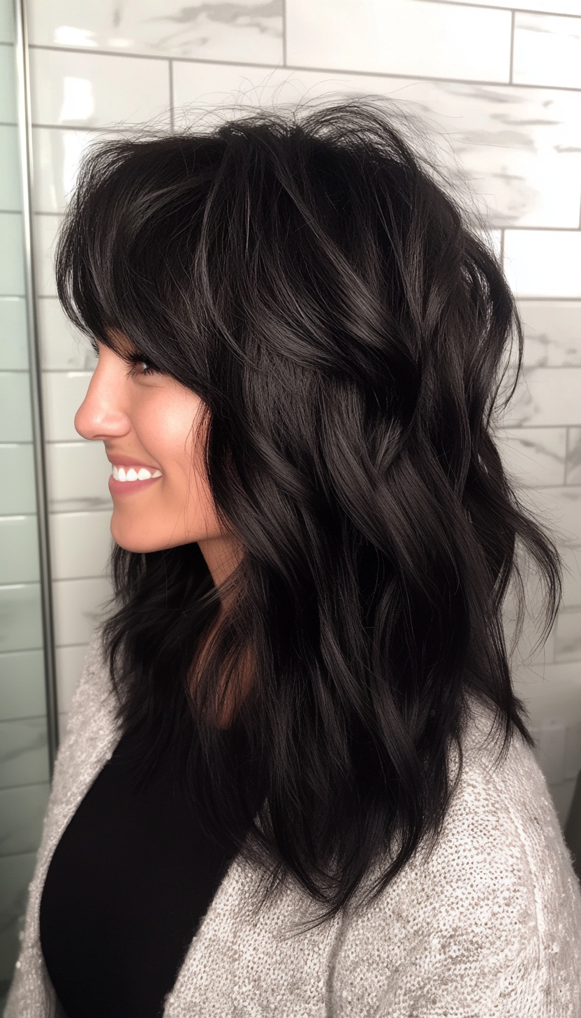 10. Natural Black Textured Wolf Cut (Hairstyles With Bangs) - Hairstyles With Bangs