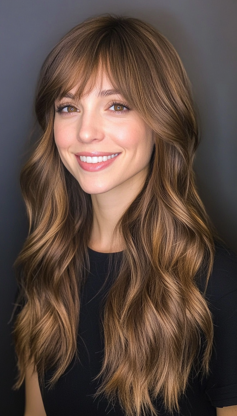 20. Soft Cocoa Long Waves with Side Bangs (Hairstyles With Bangs) - Hairstyles With Bangs