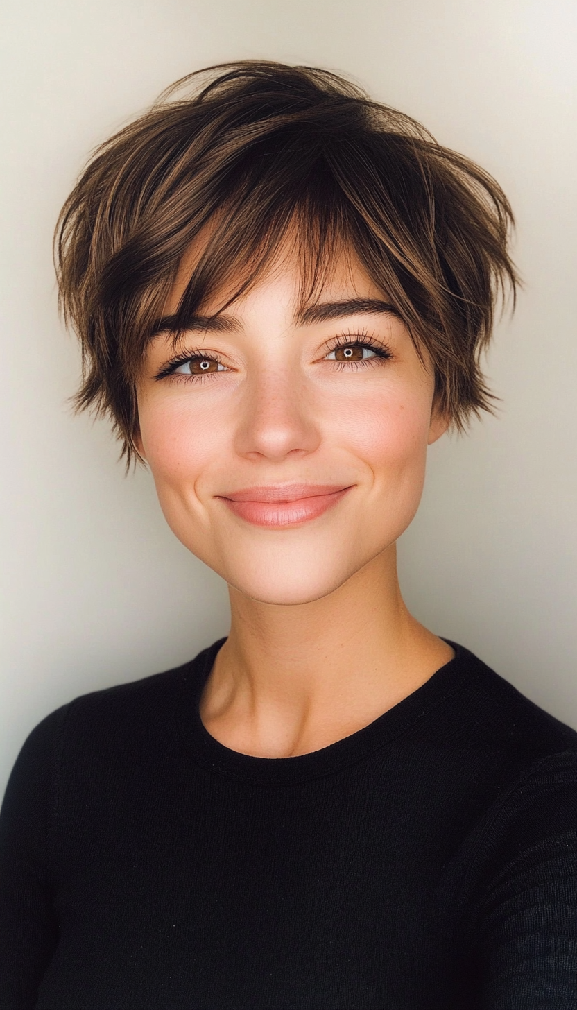 21. Natural Brunette Layered Pixie with Bangs (Hairstyles With Bangs) - Hairstyles With Bangs