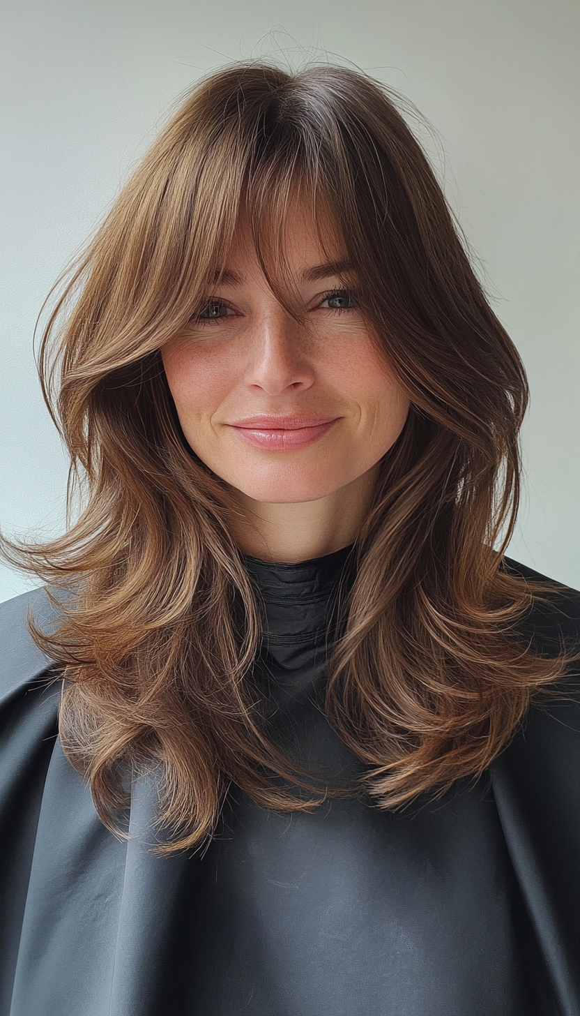 22. Honey Chestnut Swoopy Bangs with Face-Framing Layers (Hairstyles With Bangs) - Hairstyles With Bangs