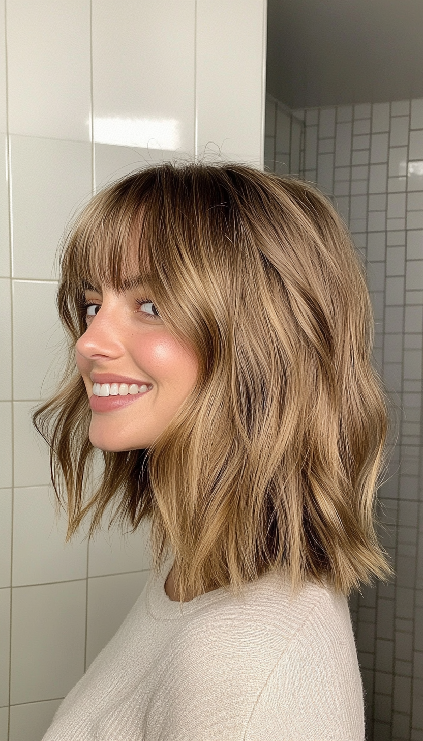 24. Golden Caramel Textured Lob with Soft Bangs (Hairstyles With Bangs) - Hairstyles With Bangs