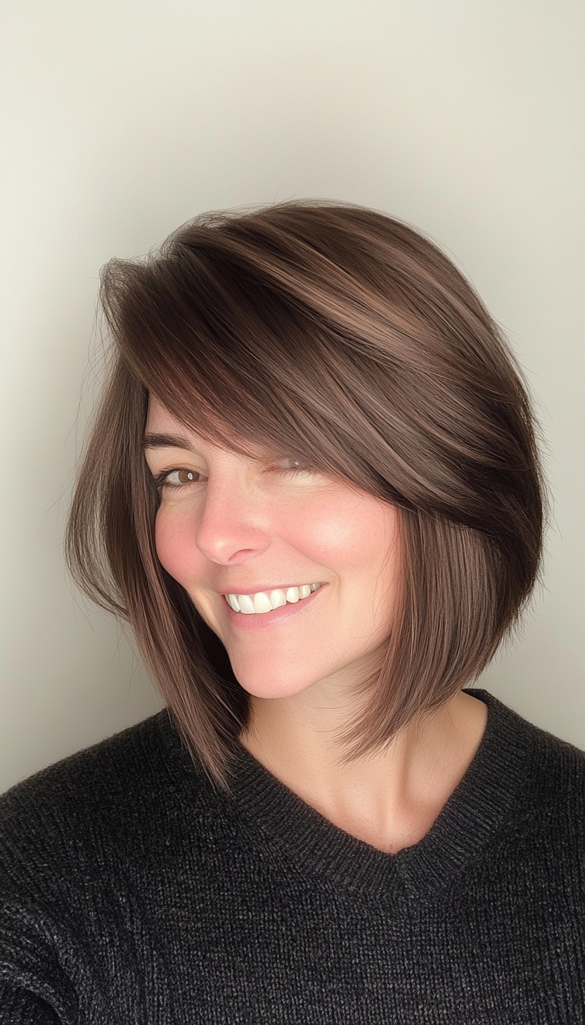 25. Espresso Brown Asymmetrical Bob with Side Bangs (Hairstyles With Bangs) - Hairstyles With Bangs