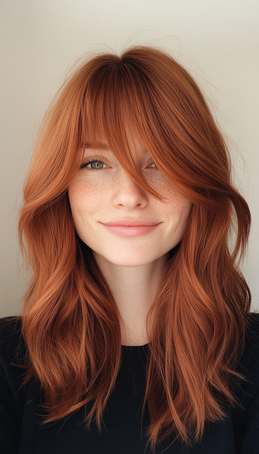 27. Deep Auburn Retro-Inspired Blowout with Bangs (Hairstyles With Bangs) - Hairstyles With Bangs